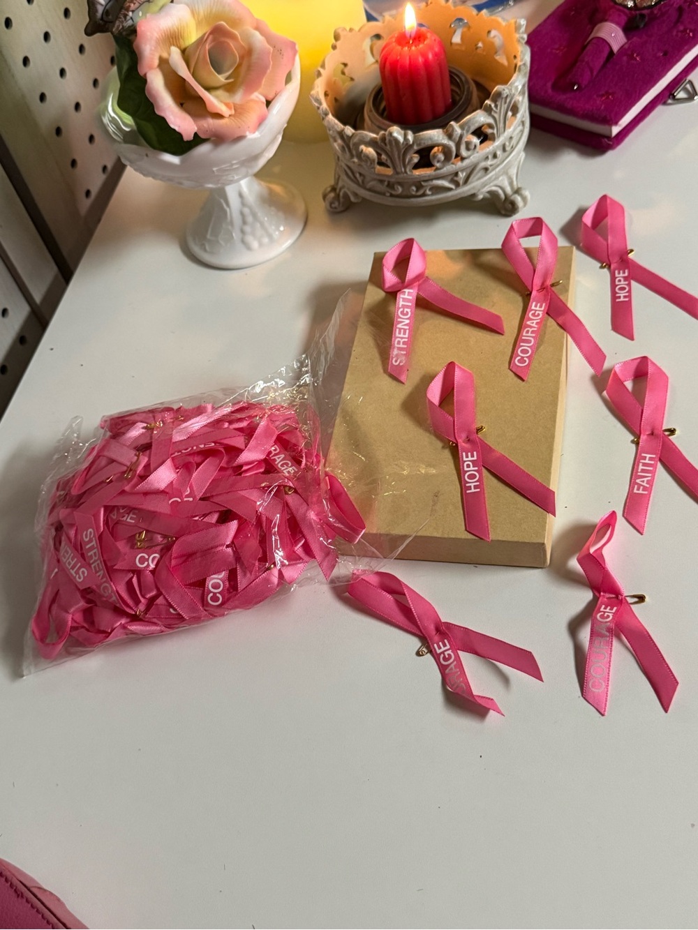 Pink Awareness Ribbon Pins - Hope Courage Strength Faith - Home Party Supplies